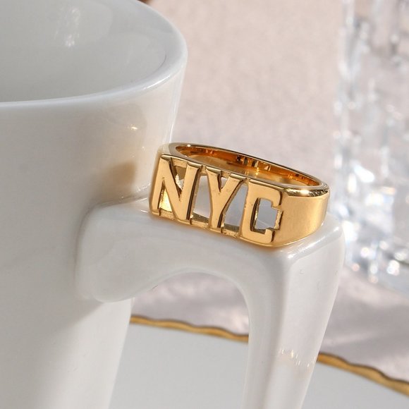 NYC Initial Signet Ring 18K Gold Plated Stainless Steel‎ - Picture 8 of 11